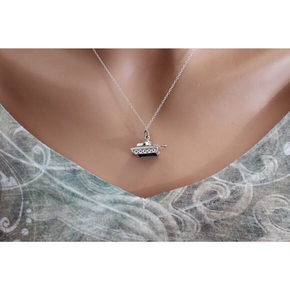 Sterling Silver Military Tank Pendant Necklace, Military Tank Necklace - Picture 4 of 4